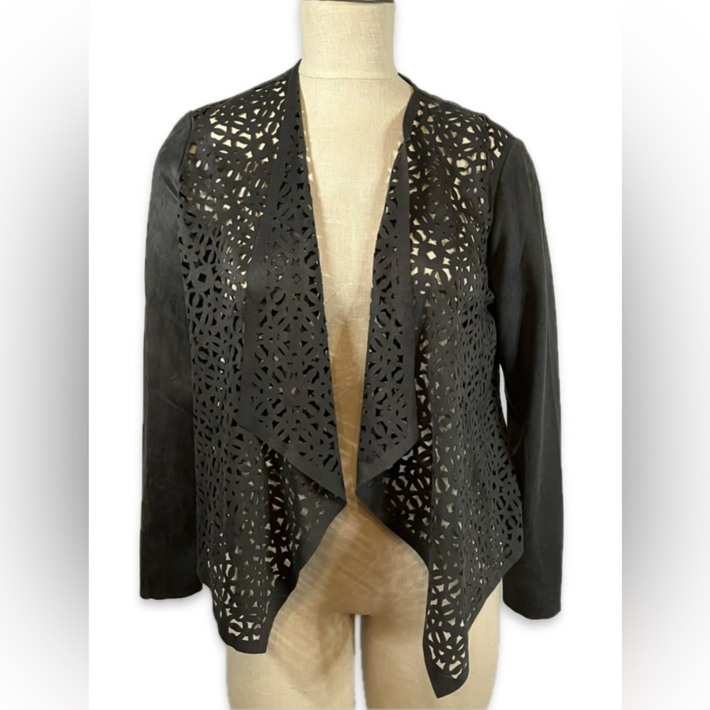 Chico's Charcoal Laser-Cut Perforated Faux Suede Women's Drape Jacket 0 - US S